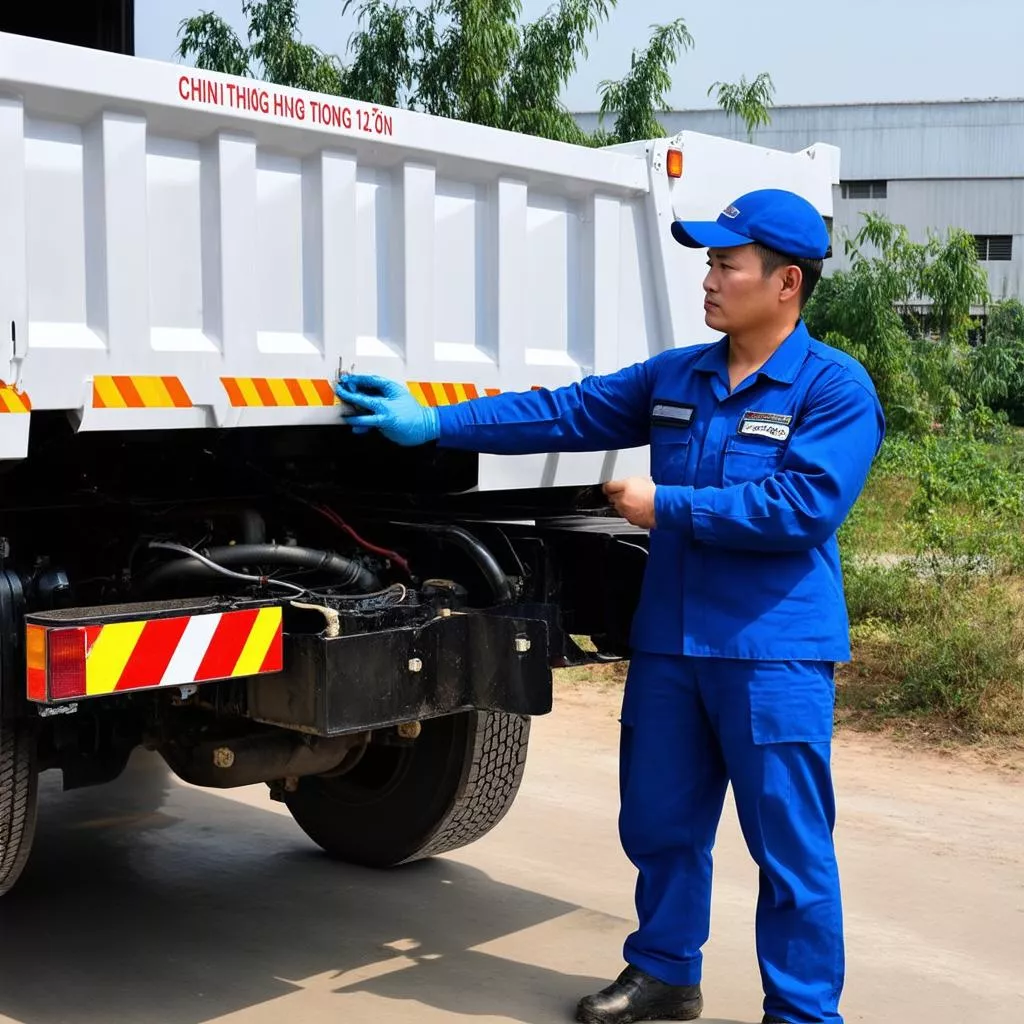 Inspecting the engine of a used Chien Thang 1.2 Ton Dump Truck