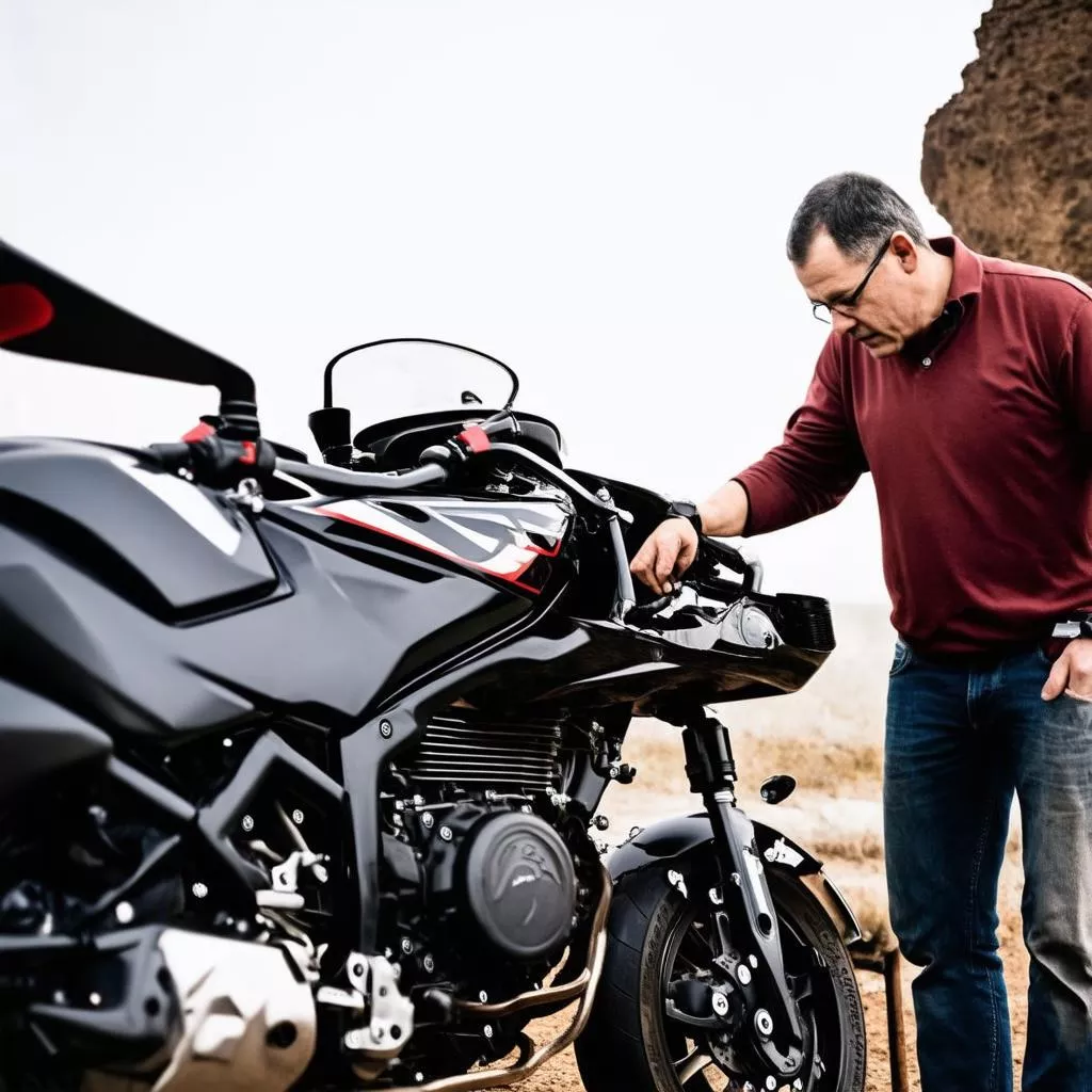 Man inspecting a motorcycle engine