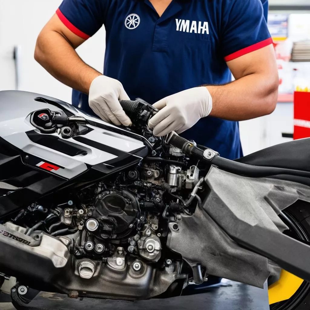 Inspecting the engine of a 2019 Yamaha Nozza