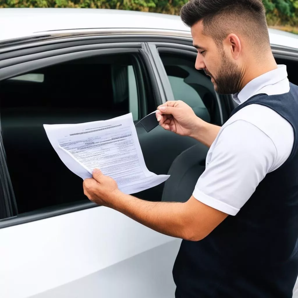 男性が車の書類を確認している