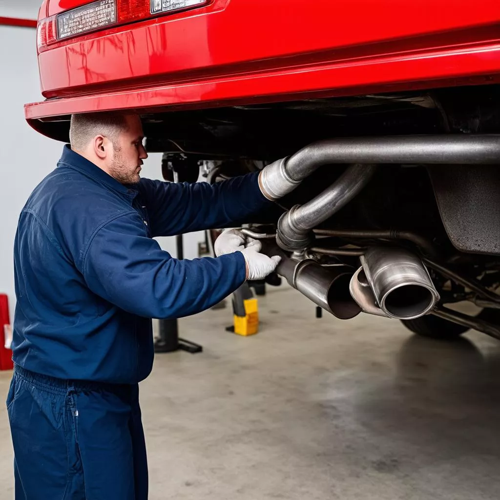 Mechanic Inspecting a Truck Exhaust System