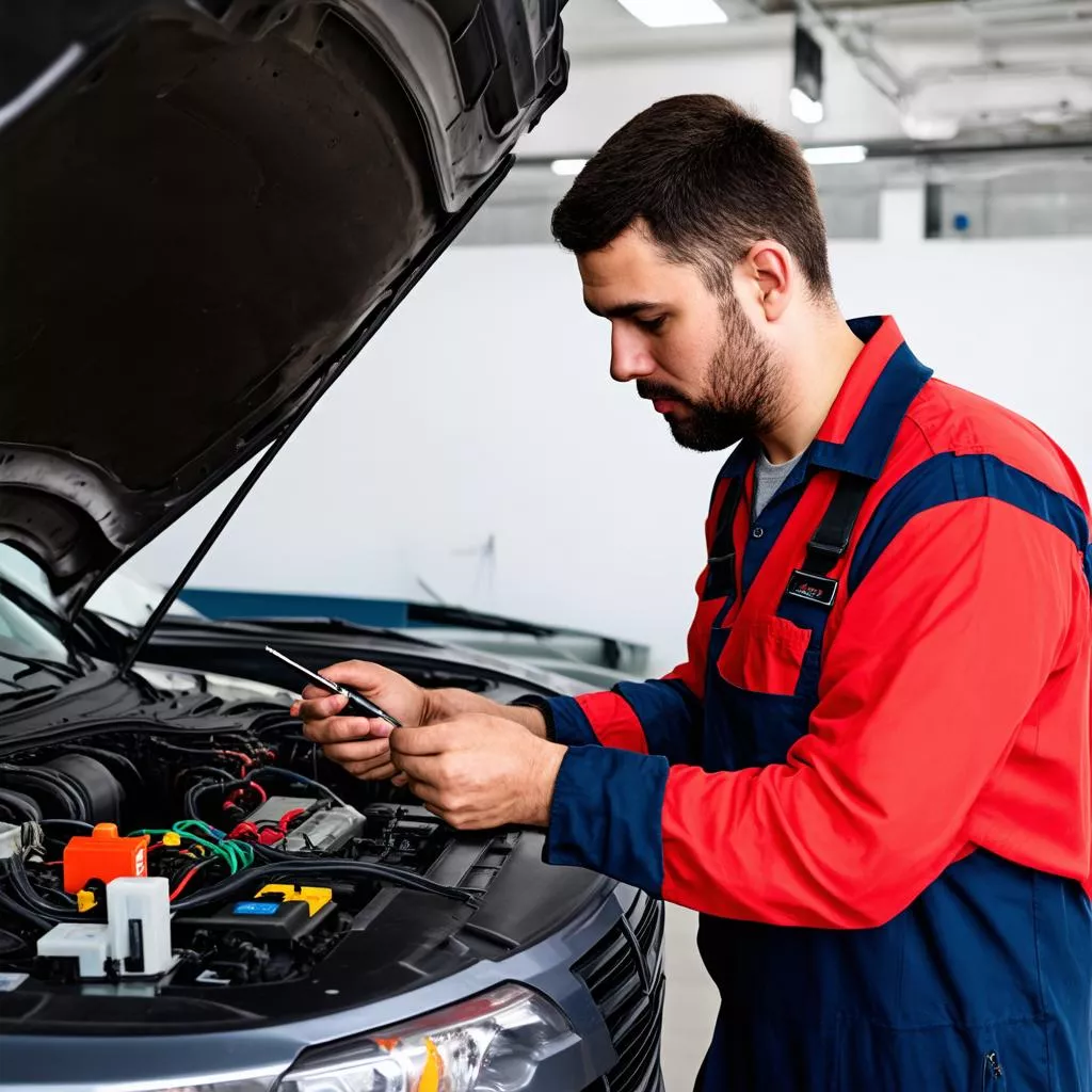 Mechanic inspecting a car's electrical system