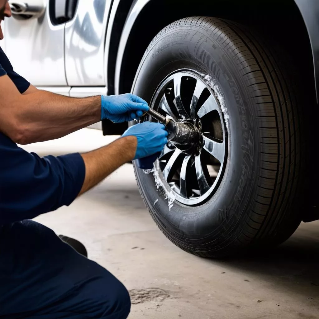 Inspecting a truck wheel valve stem