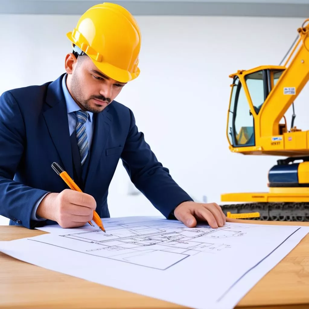 Engineer reviewing blueprints