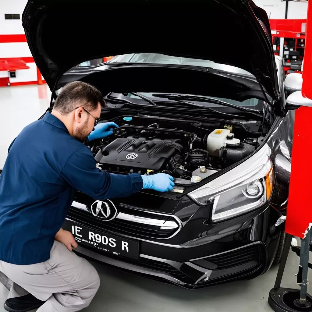 Engineer inspecting a car engine in a garage