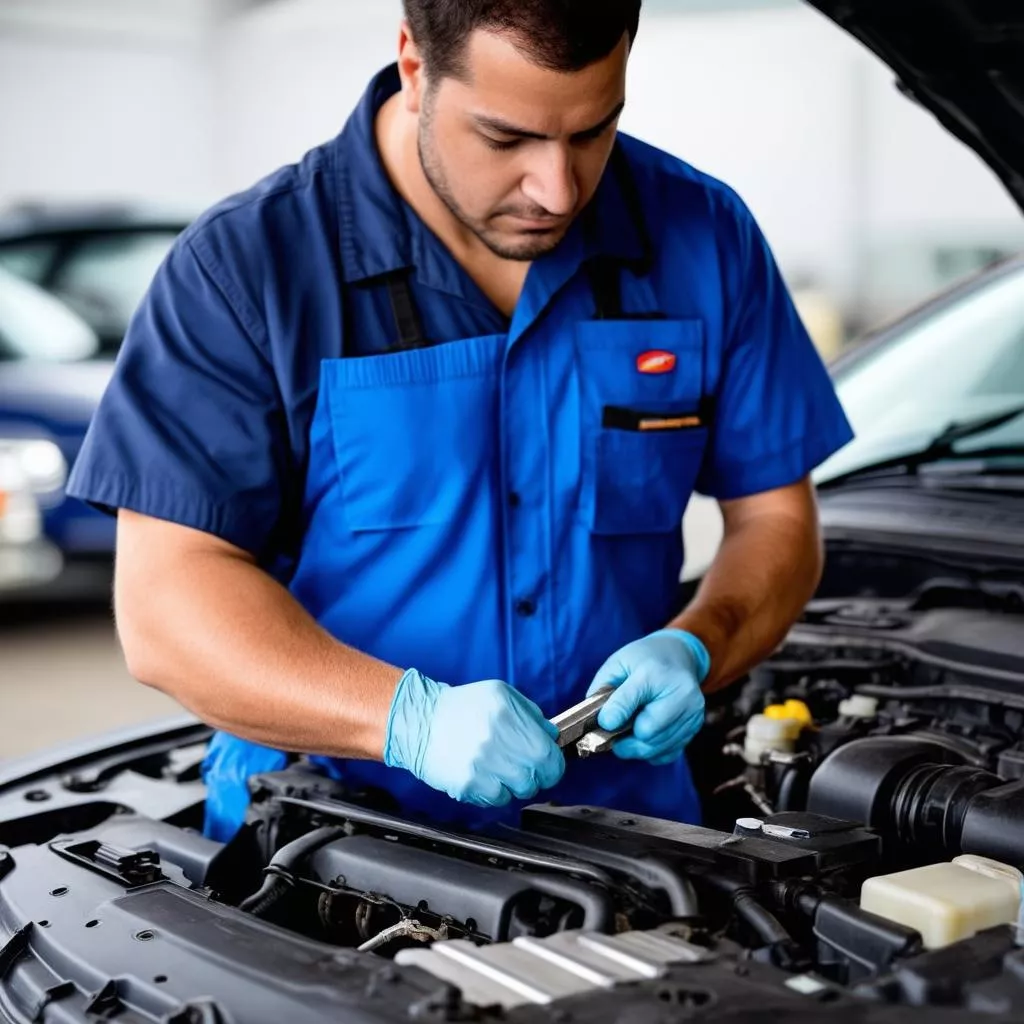Ingénieur automobile inspectant un moteur