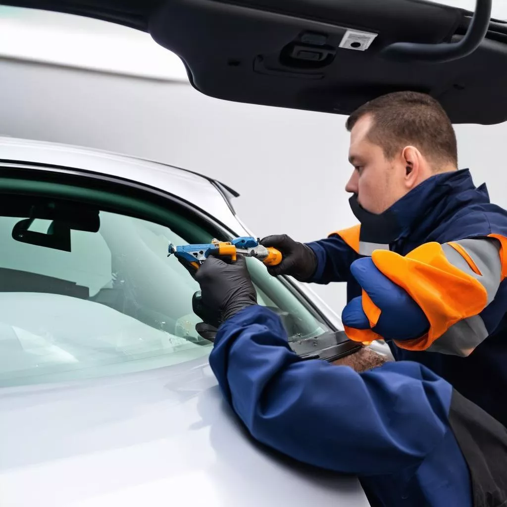 Kỹ thuật viên đang hàn kính ô tô