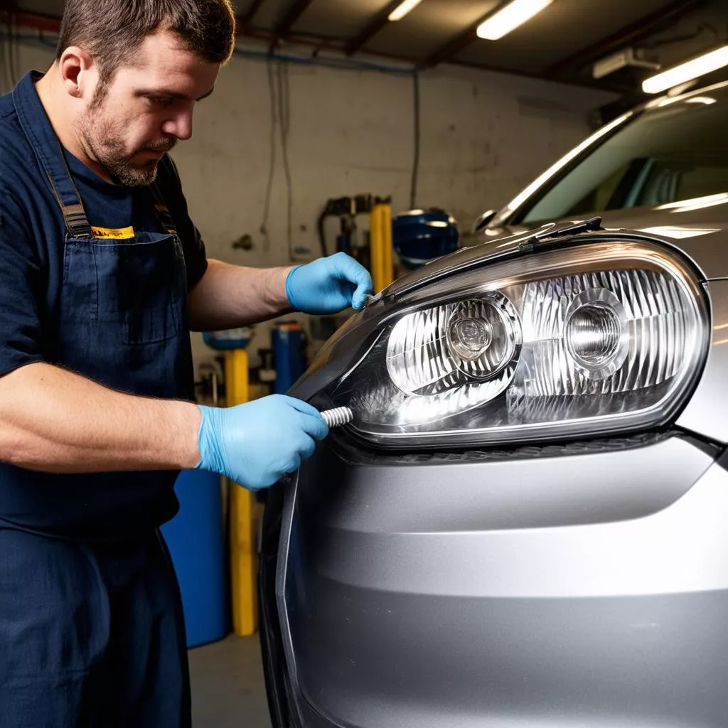 Technician repairing a car headlight