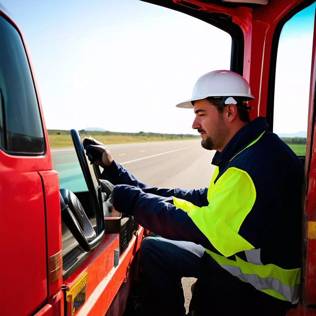 Người lái xe tải đang kiểm tra xe