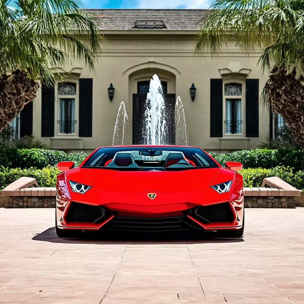 Lamborghini parked in front of a villa