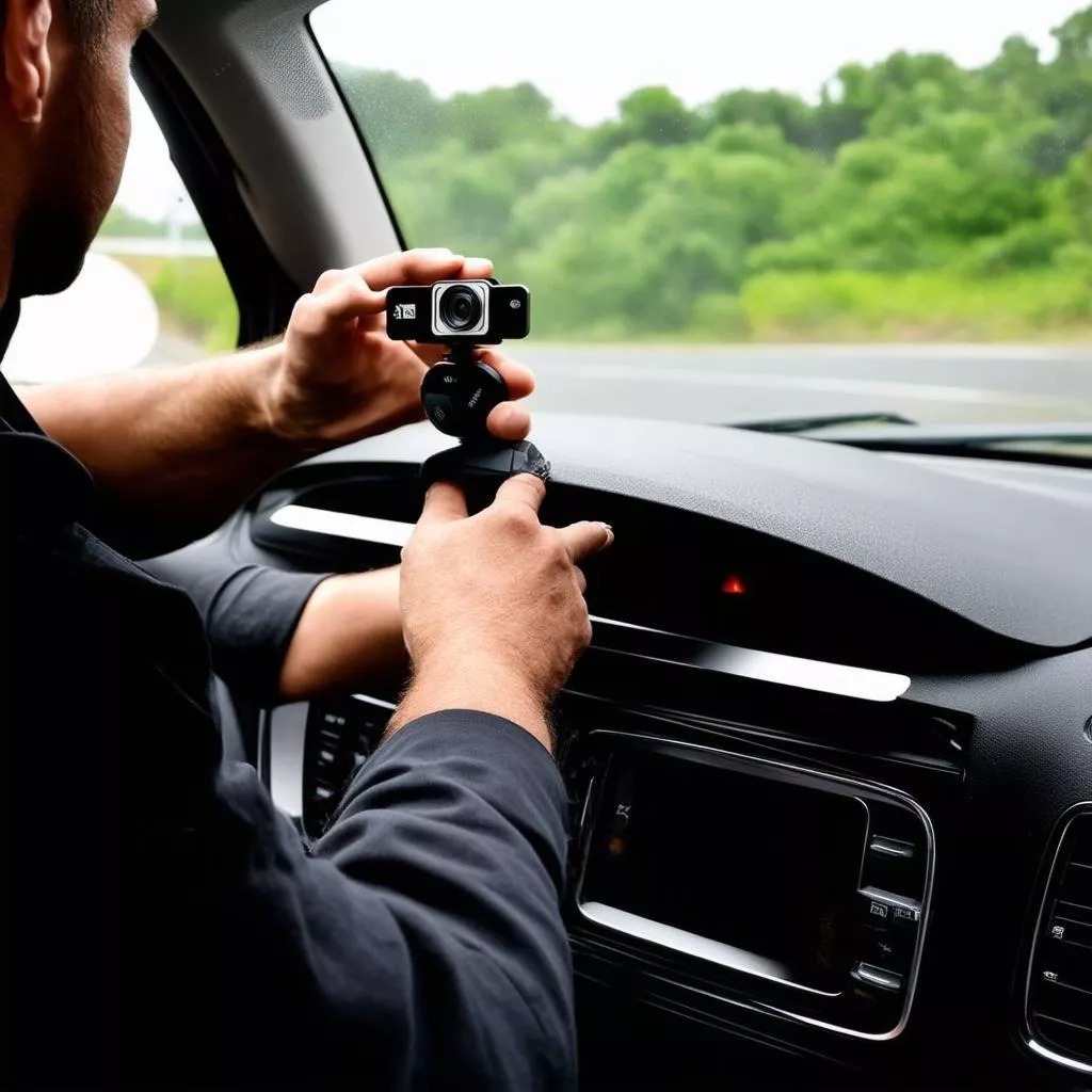 Technician installing a dash cam in a car