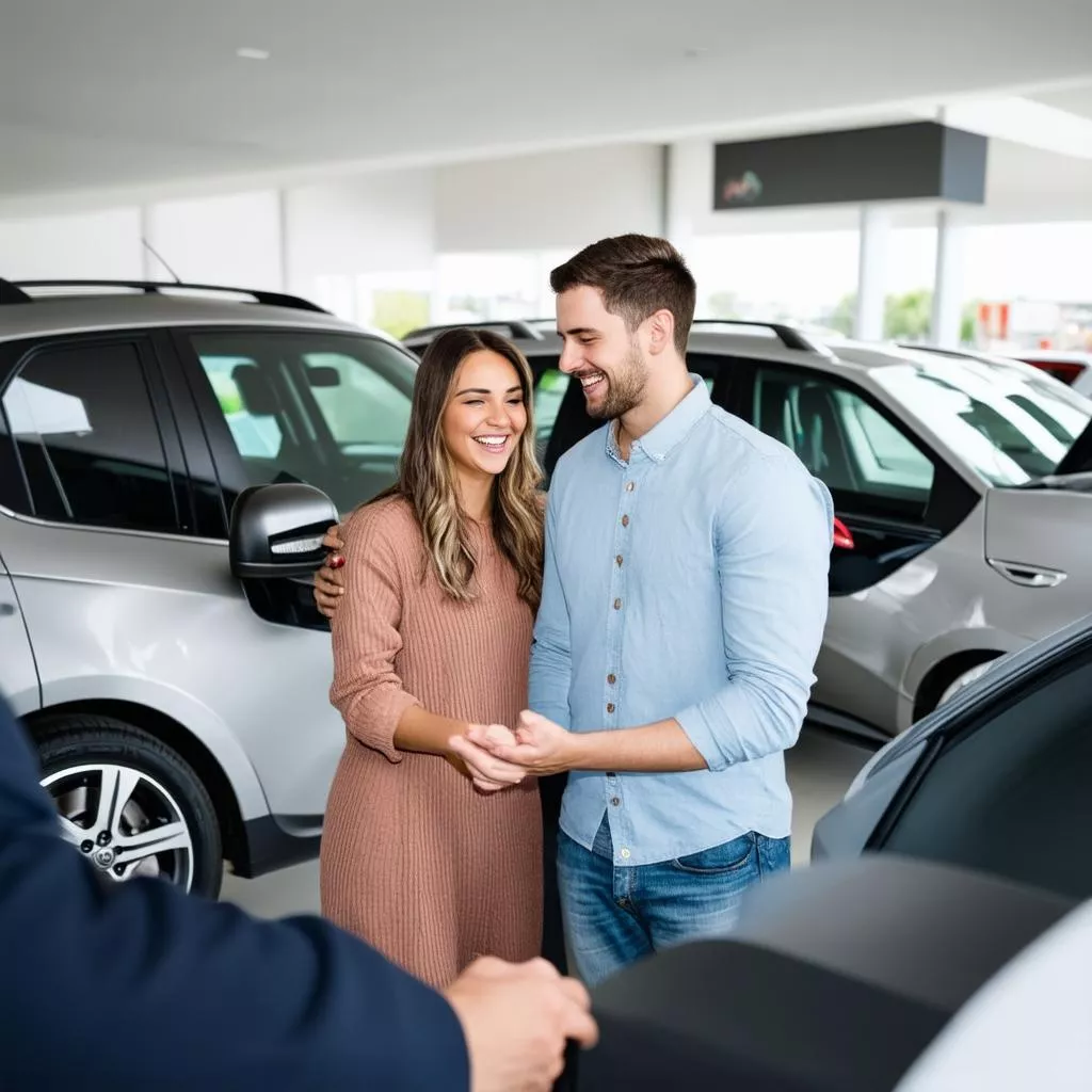 Young couple considering and choosing a car