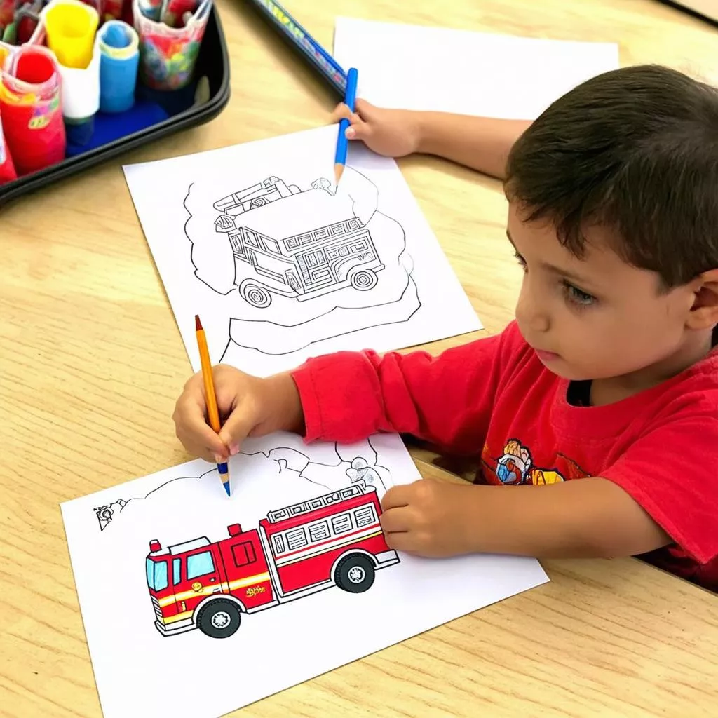Em bé đang tô màu ô tô cứu hỏa