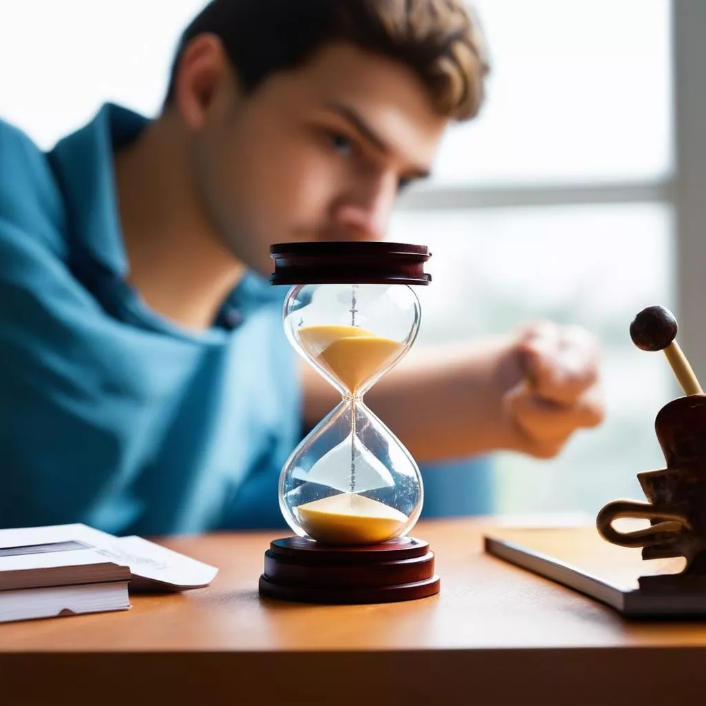 A person looking at an hourglass