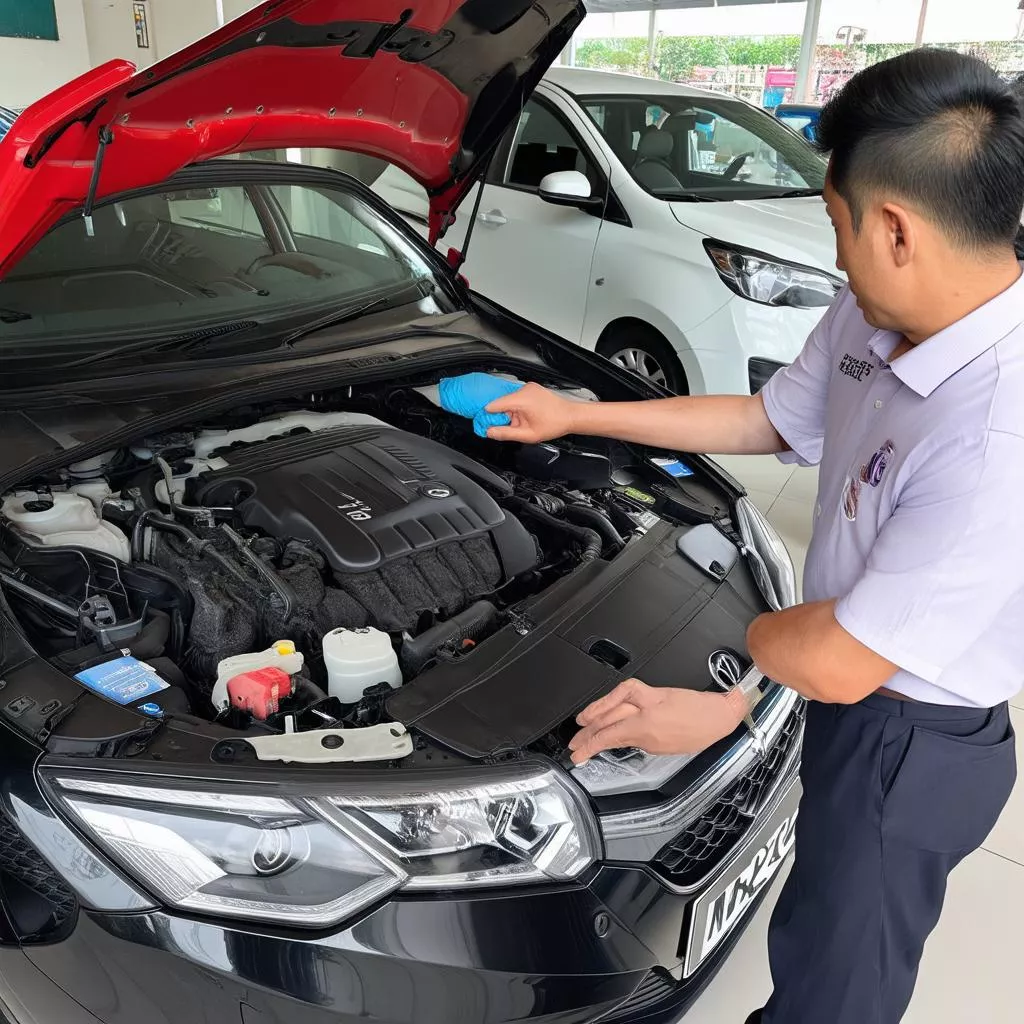 Khách hàng kiểm tra xe tại showroom