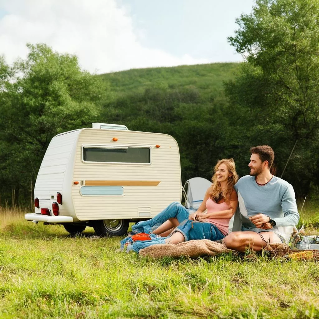 Couple camping next to a camper van