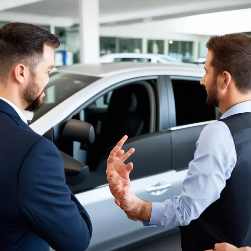 ディーラーで車を購入相談するお客様とスタッフ