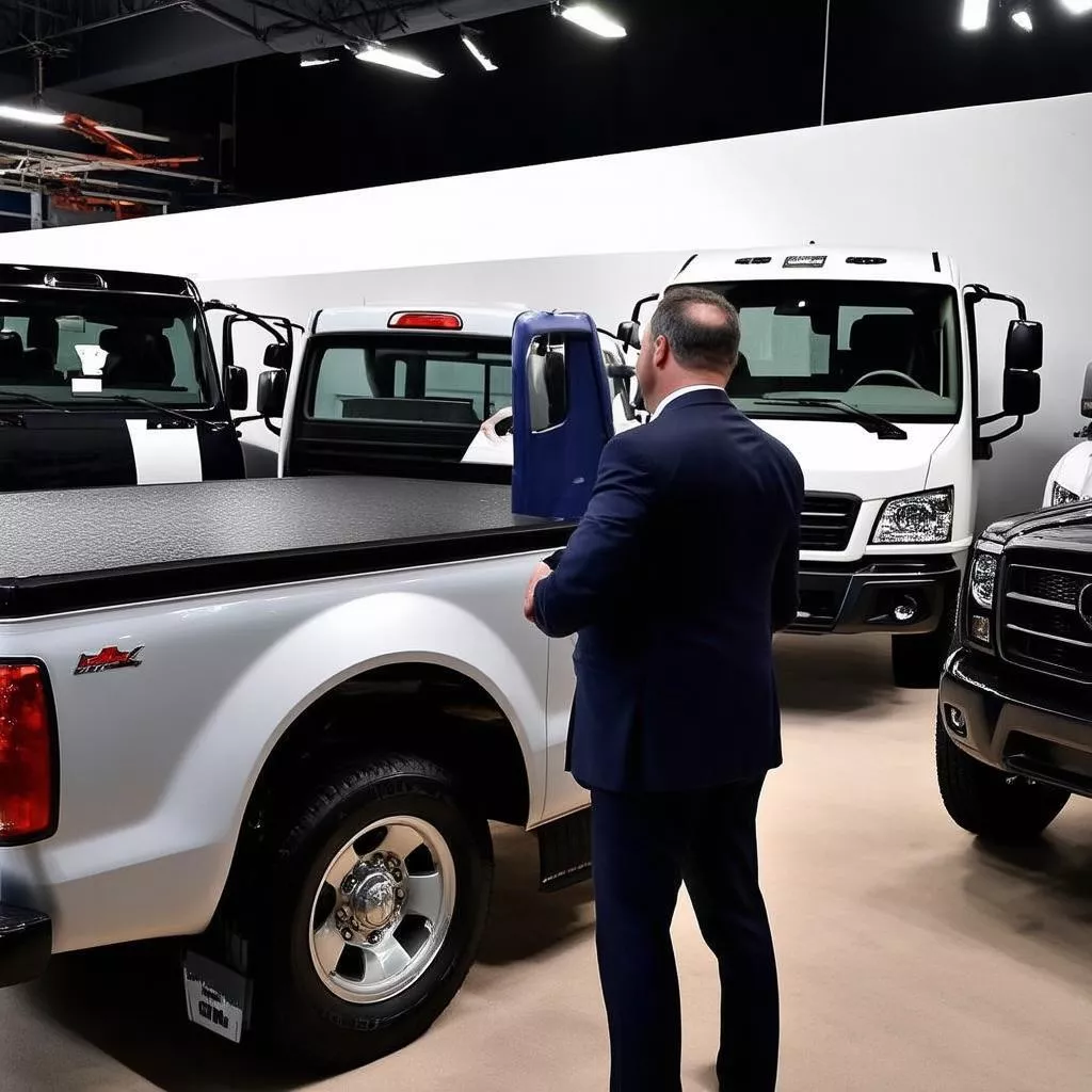 Cliente a ver um camião no showroom