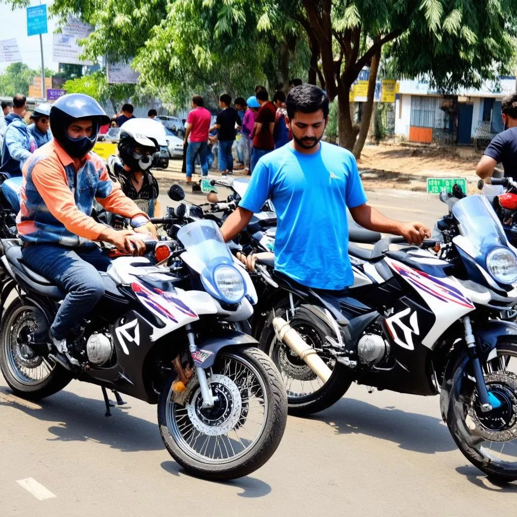 People registering motorbikes and receiving license plates
