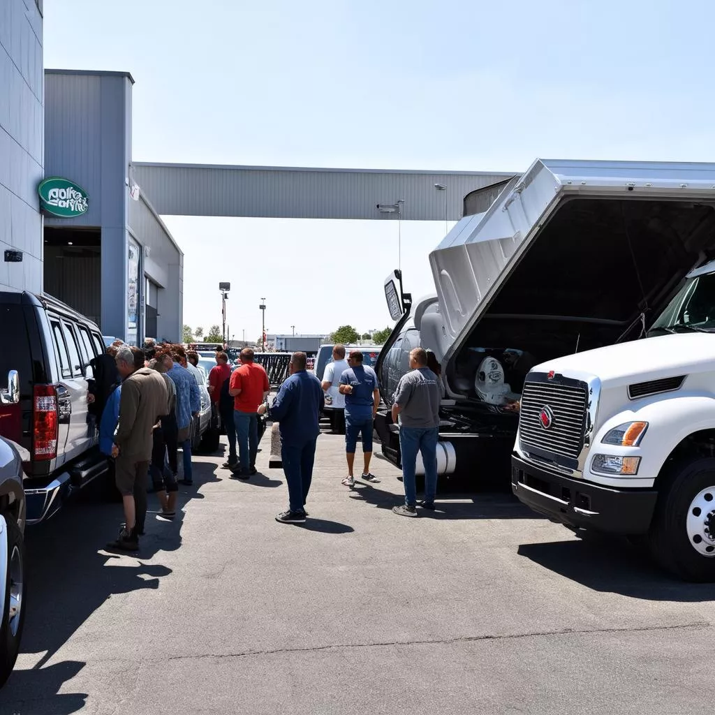 People looking at trucks at a dealership