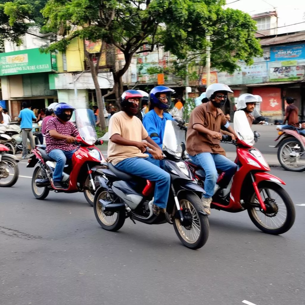 People riding motorcycles on the street