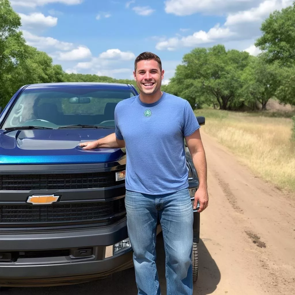 ピックアップトラックの横に立つ男性