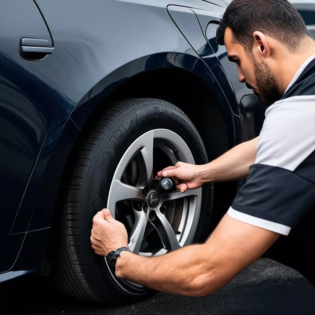 Man checking car tire pressure