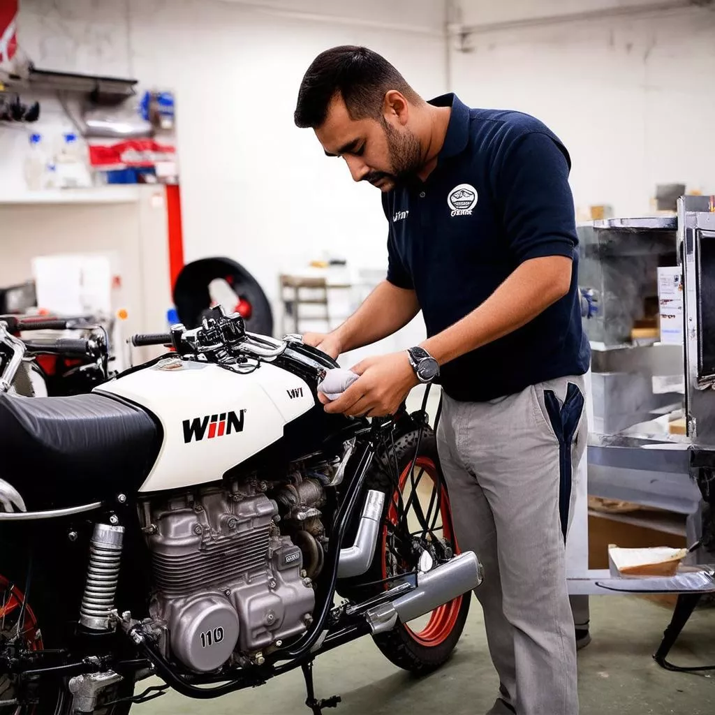 Người đàn ông đang kiểm tra động cơ của chiếc xe Win 110