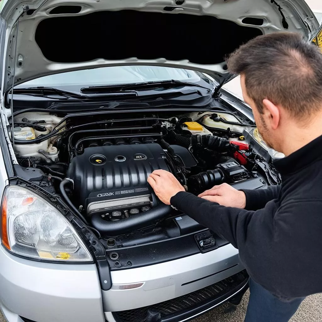 पुरुष कार का इंजन जाँच रहा है