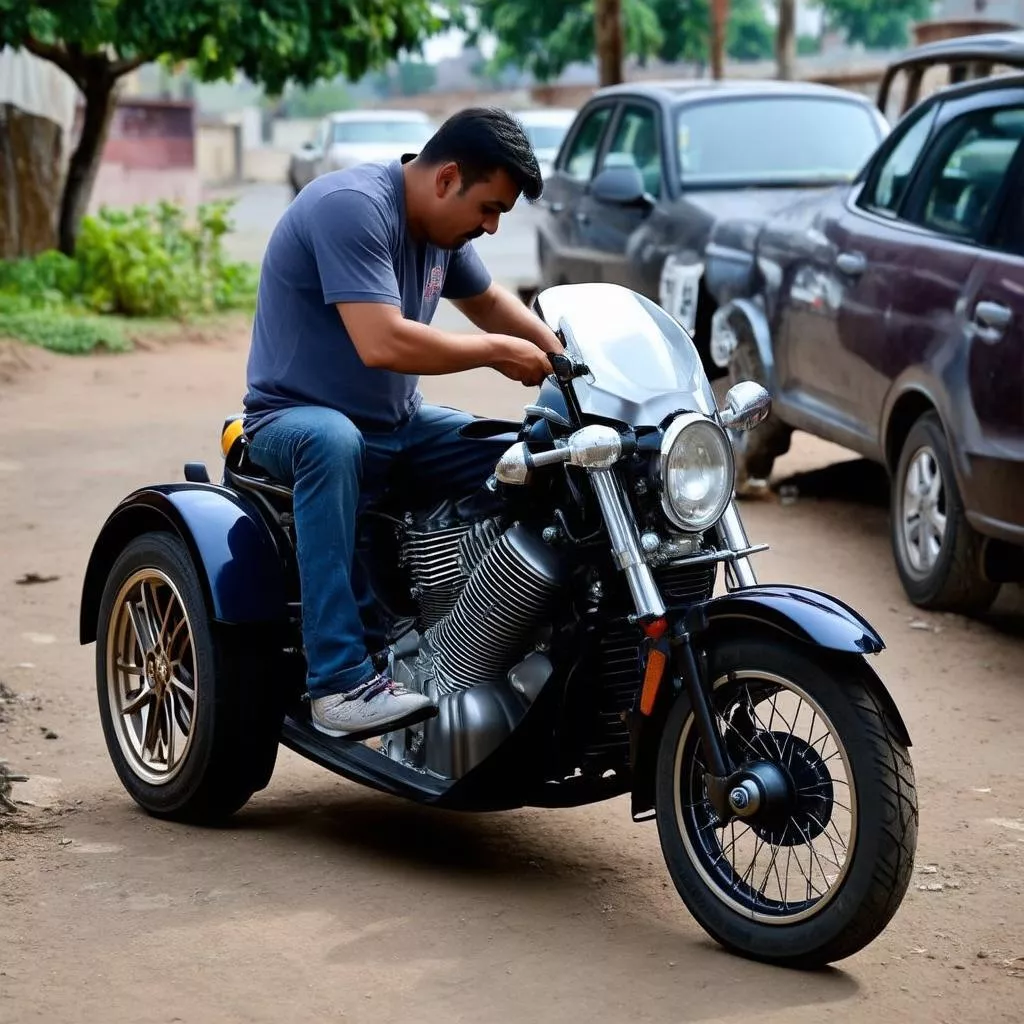 Người đàn ông đang kiểm tra động cơ xe ba gác