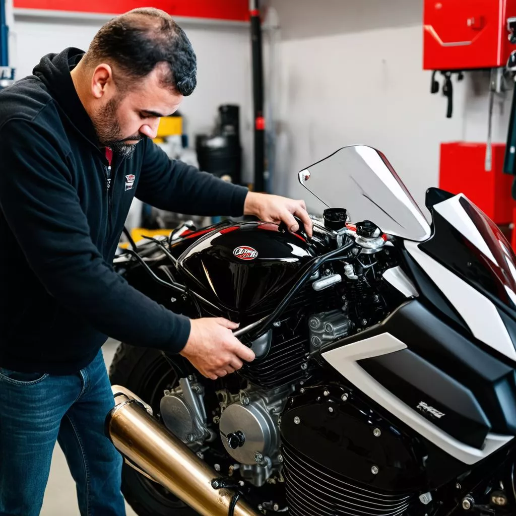 Người đàn ông đang kiểm tra động cơ xe máy