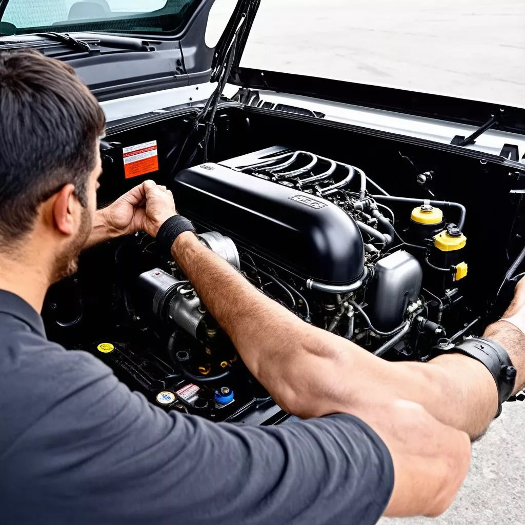 남자가 트럭 엔진을 점검하고 있다