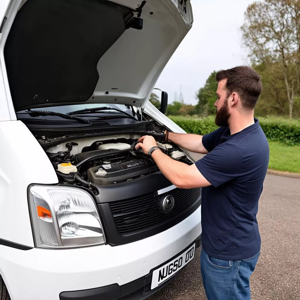 Người đàn ông đang kiểm tra động cơ xe van