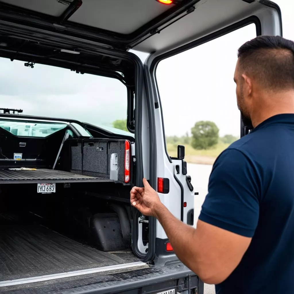 Man inspecting the dimensions of an electric truck bed