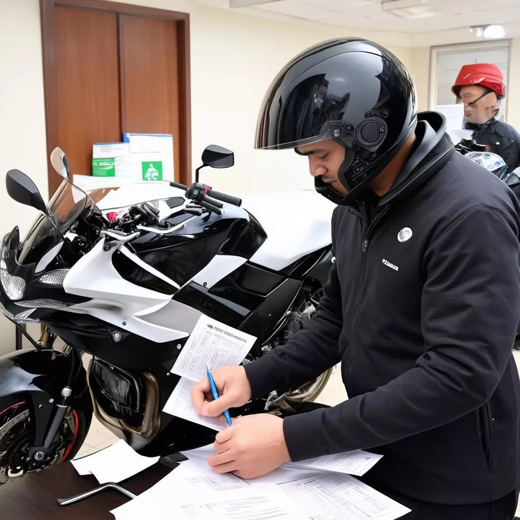 バイクのナンバープレートを登録する男性