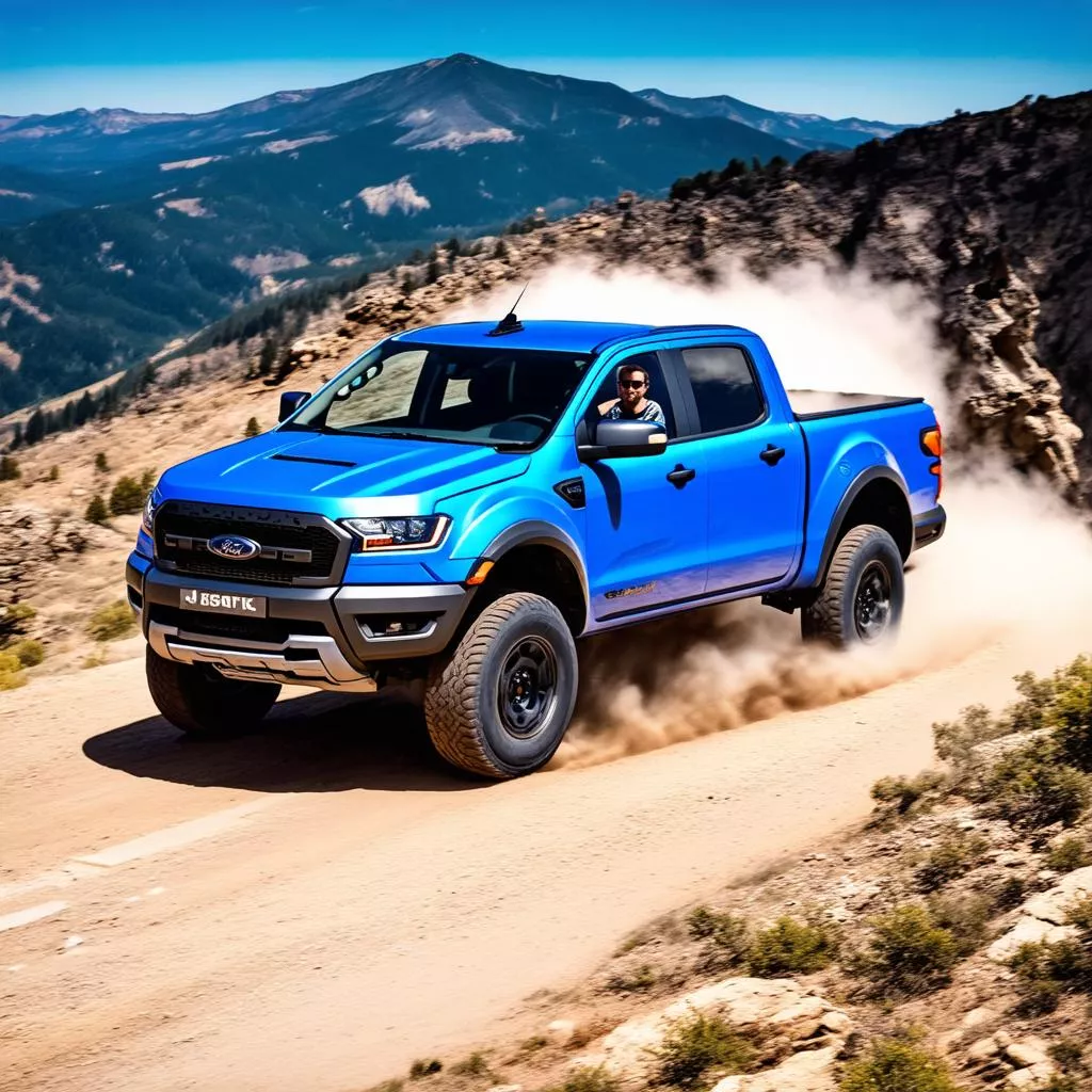 Người đàn ông đang lái xe Ford Ranger Raptor trên đỉnh núi