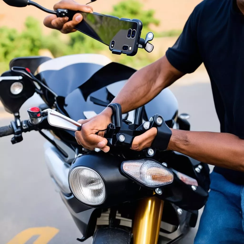 Man installing a phone mount on his motorcycle