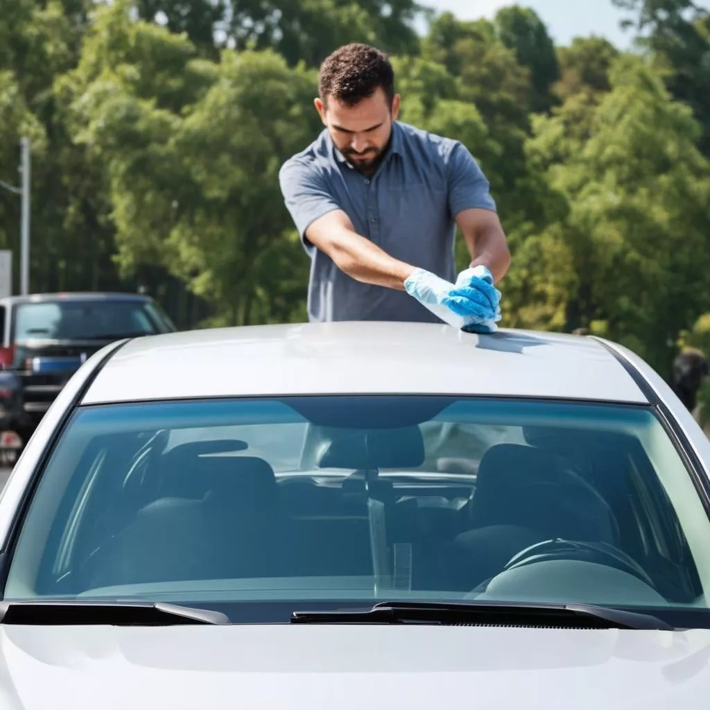 Man cleaning a truck windshield