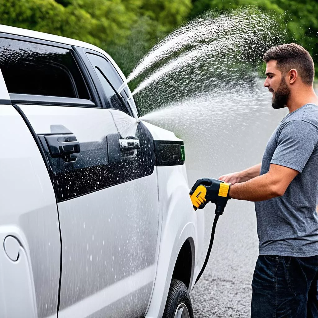 A man washing a truck with touchless car wash solution