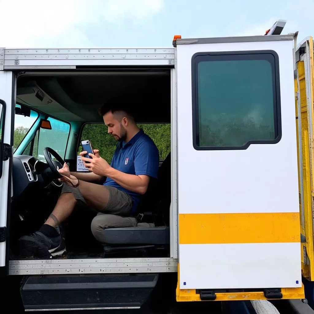 Người đàn ông đang sử dụng điện thoại trong xe tải