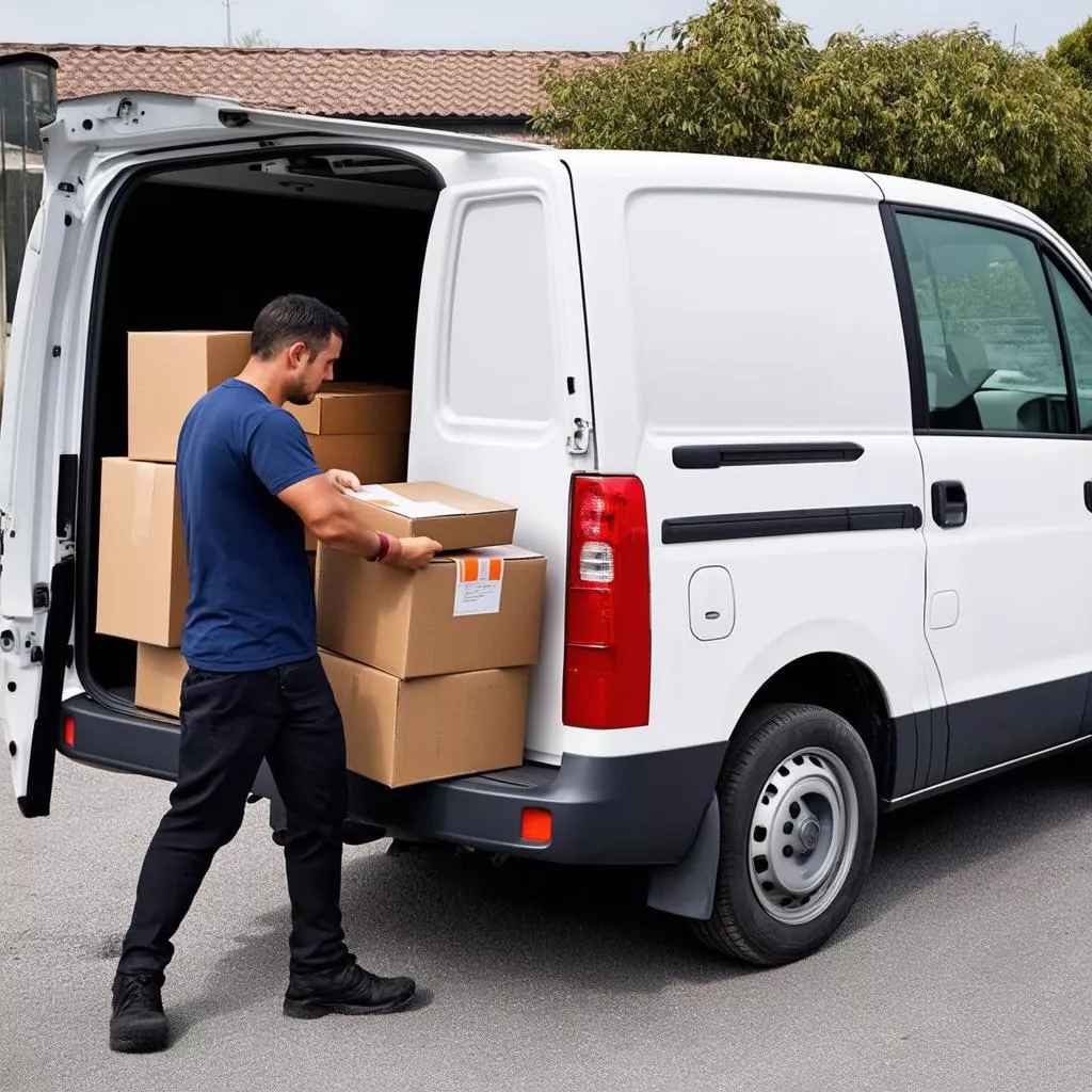 Người đàn ông đang vận chuyển hàng hóa lên xe ô tô Suzuki Blind Van