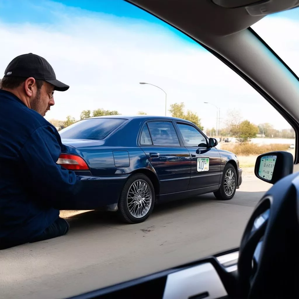 Man examining a license plate with the number 40