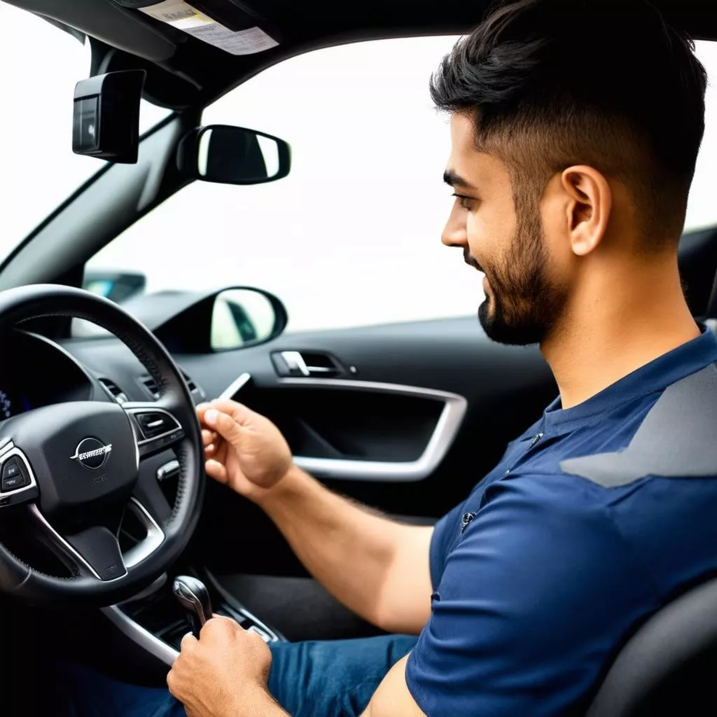 Người đàn ông đang xem giá xe trên Vnexpress