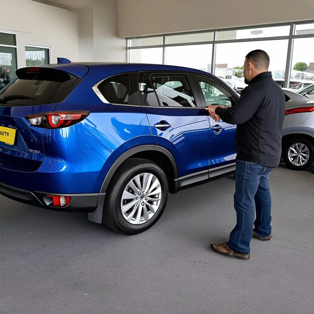 Người đàn ông đang xem xe Mazda CX5 2015 màu xanh