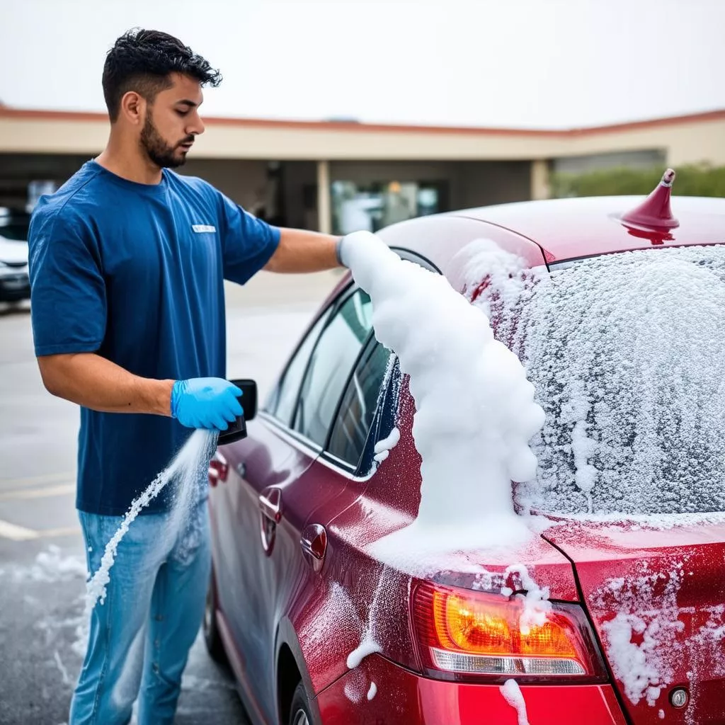 Người đàn ông đang xịt bọt rửa xe