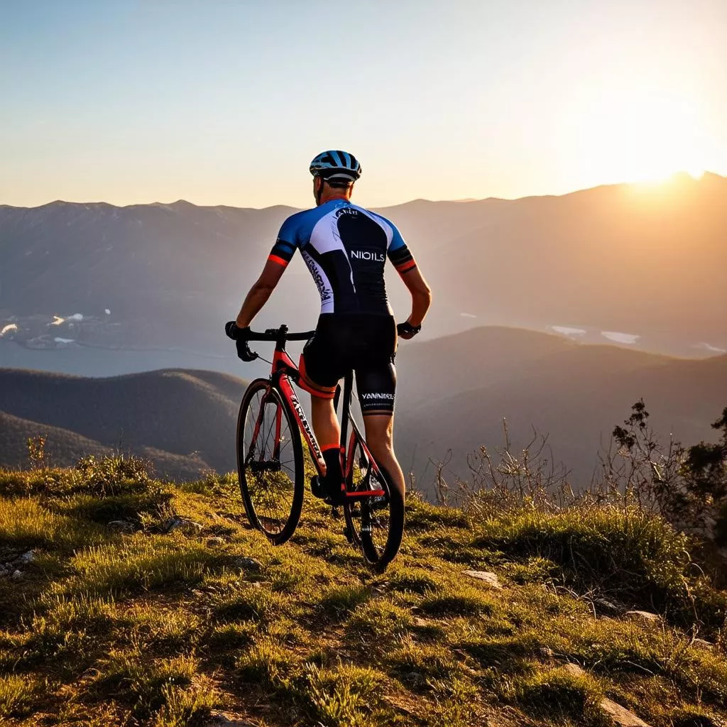 Người đàn ông đạp xe trên đỉnh núi