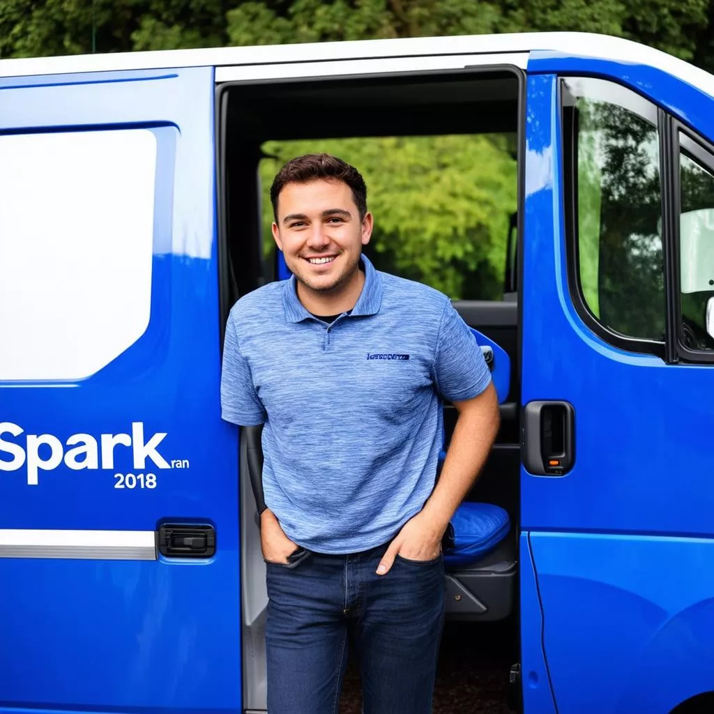 Người đàn ông đứng cạnh chiếc Spark Van 2018 màu xanh