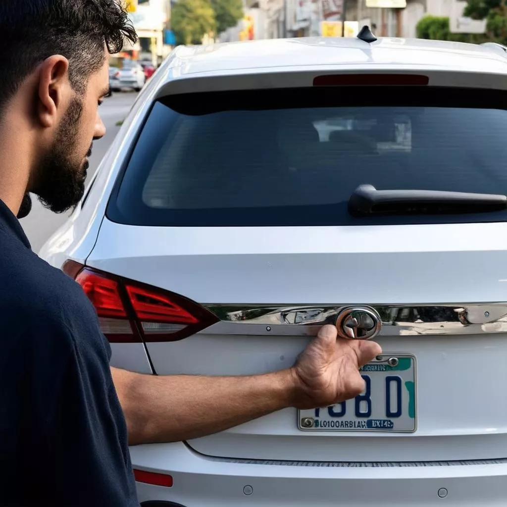 Man examining a car license plate
