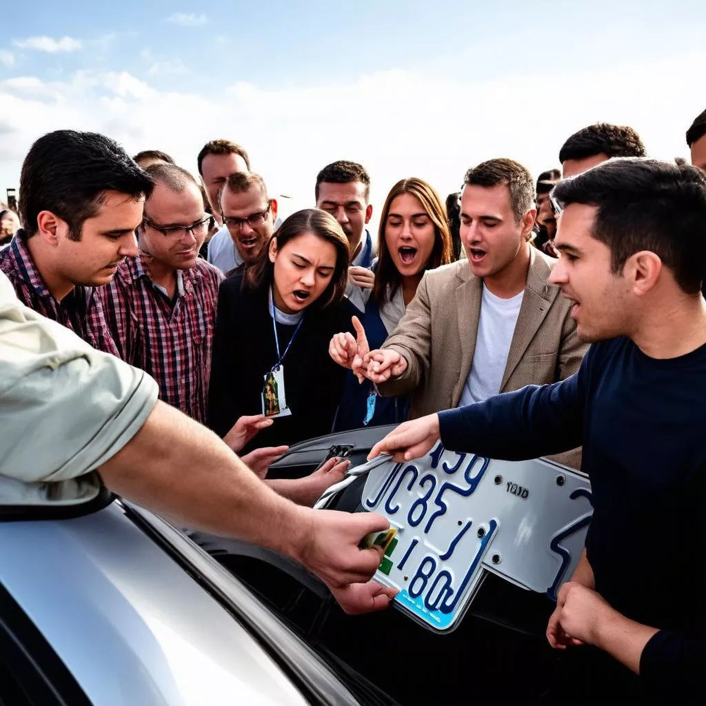 People examining a license plate