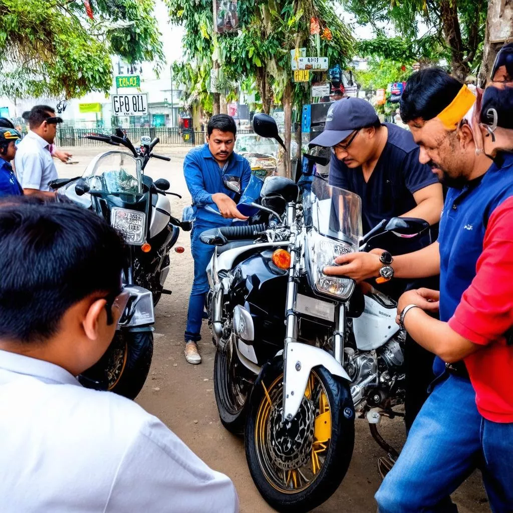 People looking at motorcycle license plates